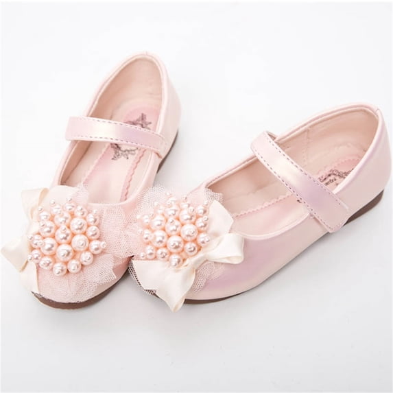 hengsof Girls' Solid Color Flat Leather Shoes Sweet Bow Pearl Soft Sole Comfortable Casual Dress Shoes Fashionable Princess Ballet Shoes Suitable for Children Aged 4-12