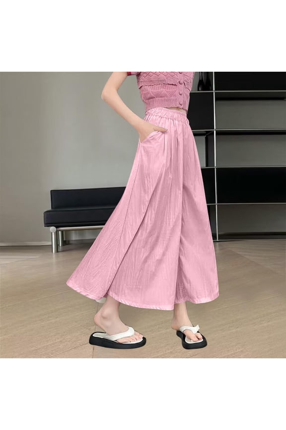 Girls Solid Color High Waisted Wide Leg Culottes, Summer Fashion Elastic Waist Pocket Loose Casual Pants, Sizes 4-14 Years
