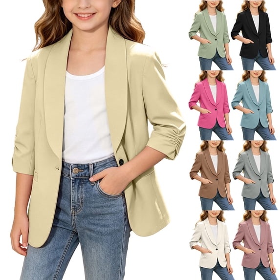 hengsof Girls Solid Color Lapel Blazer, Fashion Button Pleated 3/4 Sleeve Casual Jacket with Pockets, for Kids Ages 4-15