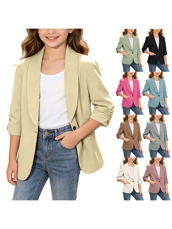 Girls Solid Color Lapel Blazer, Fashion Button Pleated 3/4 Sleeve Casual Jacket with Pockets, for Kids Ages 4-15