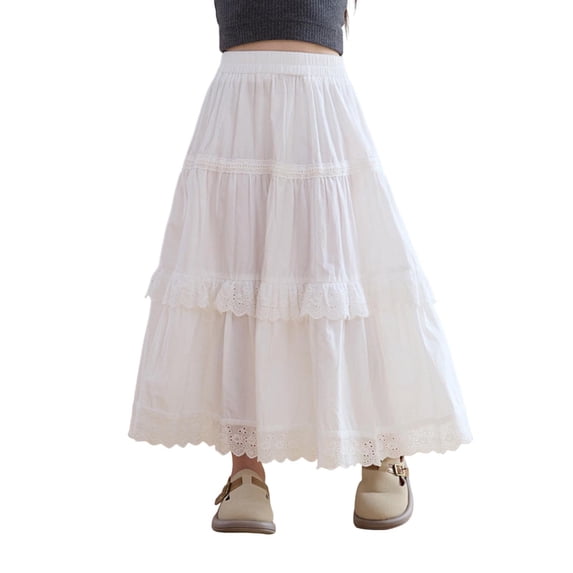 hengsof Girls Solid Color Maxi Skirt Fashionable Lace High Waist Cake Skirt Summer Beach Casual Skirt Suitable for Children Aged 3 to 14 Years