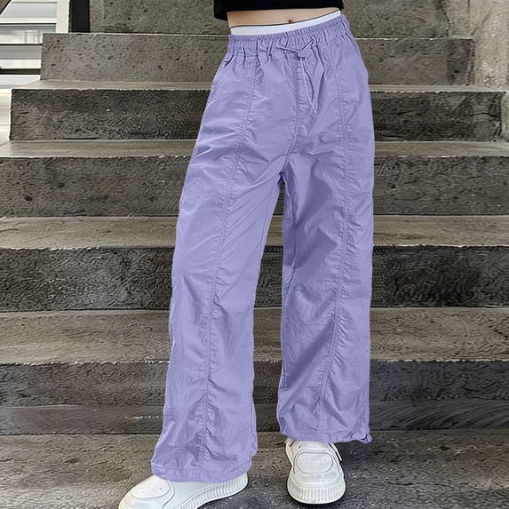 hengsof Girls' Solid Color Slim Waist Straight Wide Leg Pants Children's Elastic Waist Drawstring Cargo Pants Summer Thin Loose Jogger Casual Pants Ages 5-15