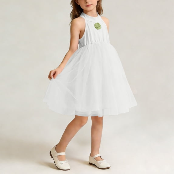 hengsof Girls' Solid Color Sundress Sleeveless 3D Rose Mesh Halter Neck Dress Casual Summer Everyday Dress Suitable for Children Aged 1-10