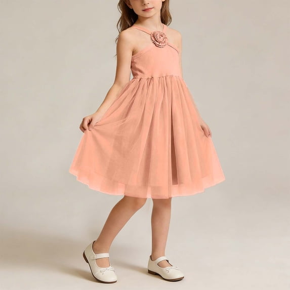 hengsof Girls' Solid Color Sundress Sleeveless 3D Rose Mesh Halter Neck Dress Casual Summer Everyday Dress Suitable for Children Aged 1-10