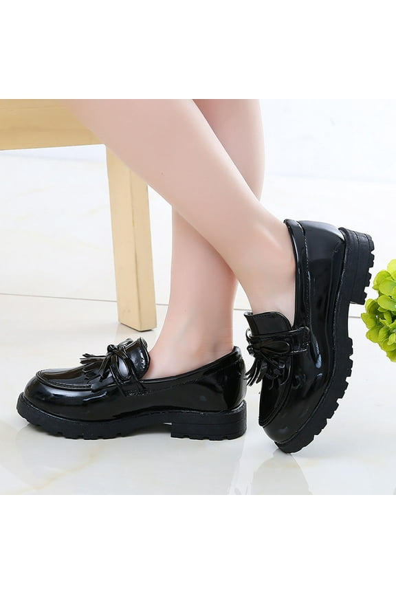 Girls Solid Color Tassel Loafers for Big Kids, Shiny Patent Leather Slip On Dress Shoes, Preppy School Style Casual Footwear