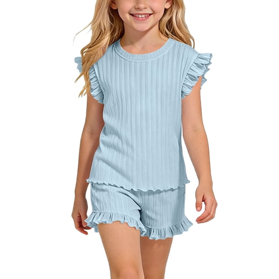 hengsof Girls Solid Ice Silk Ruffled Short Sleeve T Shirt Shorts Set, Summer Crewneck Fashion Casual Two Piece Outfit for 1-10 Years