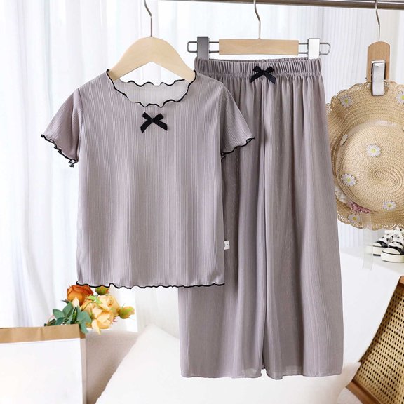 hengsof Girls Solid Ruffle Bow Short Sleeve T Shirt Wide Leg Pants Set, Summer Crewneck Top Elastic Waist Pants Set, Soft Loungewear Casual Two Piece for 0-11 Years