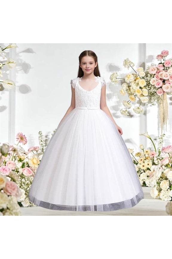 Girls Solid Sleeveless Mesh Dress Fashion Floral Pattern Flower Girl Formal Gown for Wedding Party 4-12 Years
