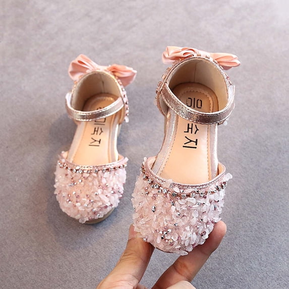 hengsof Girls' Sparkling Rhinestone Pearl Bow Princess Sandals Sequined Ballet Flats Fashionable Party Princess Shoes
