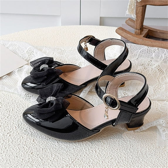 hengsof Girls Sparkly Rhinestone Bow High Heel Sandals Crystal Wedding Party Performance Shoes Girls Fashion Solid Color Princess Flat Shoes for Ages 4.5-12.5