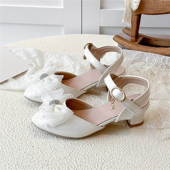 hengsof Girls Sparkly Rhinestone Bow High Heel Sandals Crystal Wedding Party Performance Shoes Girls Fashion Solid Color Princess Flat Shoes for Ages 4.5-12.5