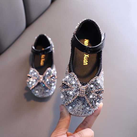 hengsof Girls Sparkly Rhinestone Pearl Bow Flats Fashion Sequins Ballet Shoes Soft Sole Comfort Stretch Princess Party Sandals