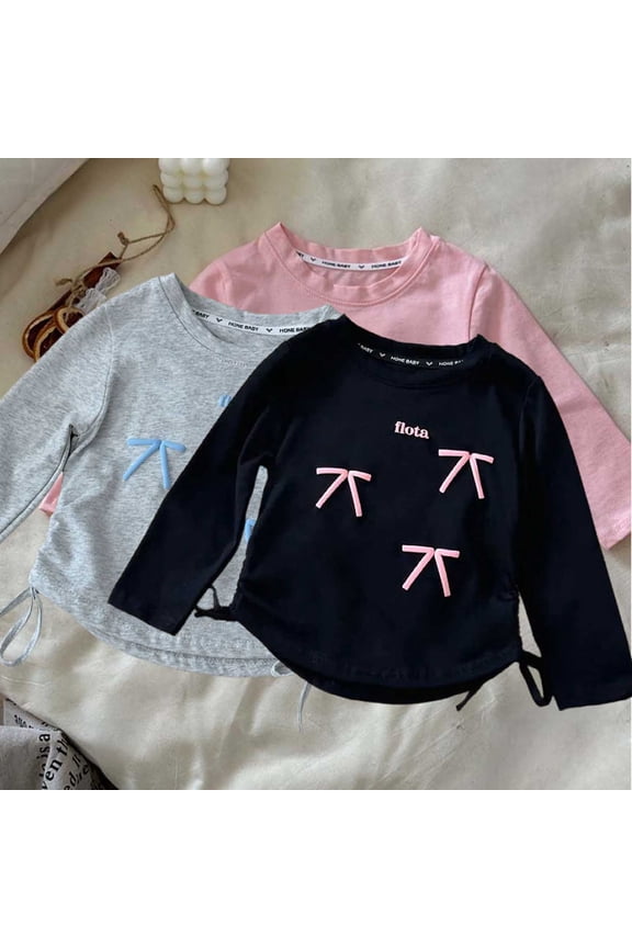 Girls Spring Autumn Long Sleeve Shirts Bow Crew Neck Tunic Basic Tops Base Layer Tops Blouse Tee 1-10 Years