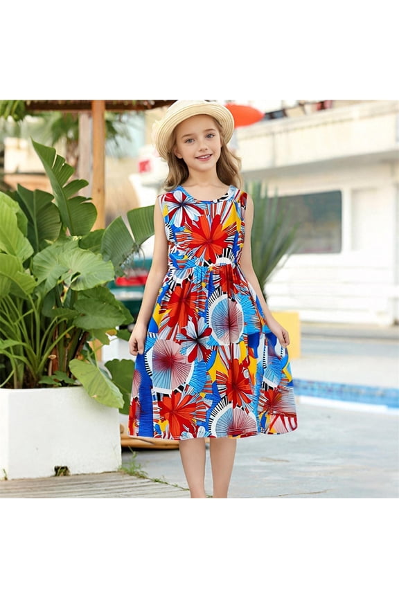 Girls Spring Summer Floral Sleeveless Dress Round Neck Soft Cinched Waist Casual Cute Sundress for 2-11 Years