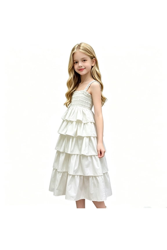 Girls Spring Summer Sleeveless Tiered Dress Spaghetti Strap Ruffled Casual Lightweight Cake Sundress for 5-13 Years