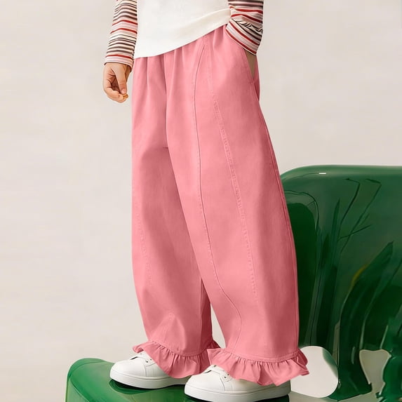hengsof Girls Spring Summer Solid Elastic Waist Casual Pants Cute Ruffle Hem Cotton Loose Comfortable Long Pants for 2-14 Years Kids