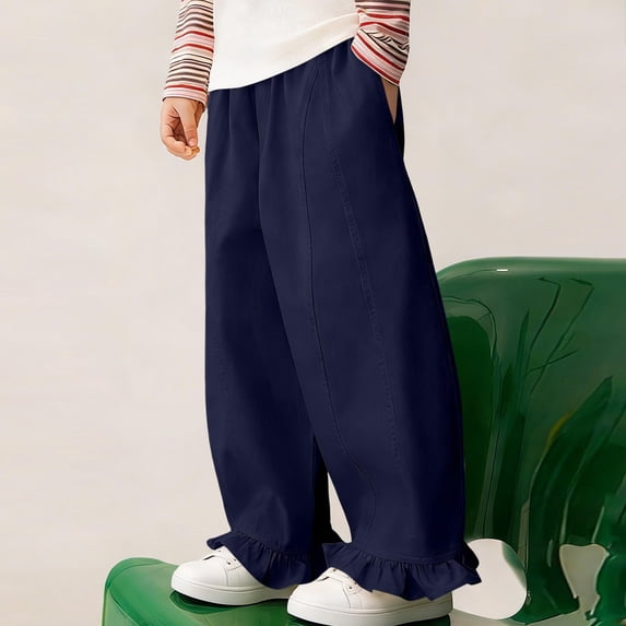 hengsof Girls Spring Summer Solid Elastic Waist Casual Pants Cute Ruffle Hem Cotton Loose Comfortable Long Pants for 2-14 Years Kids