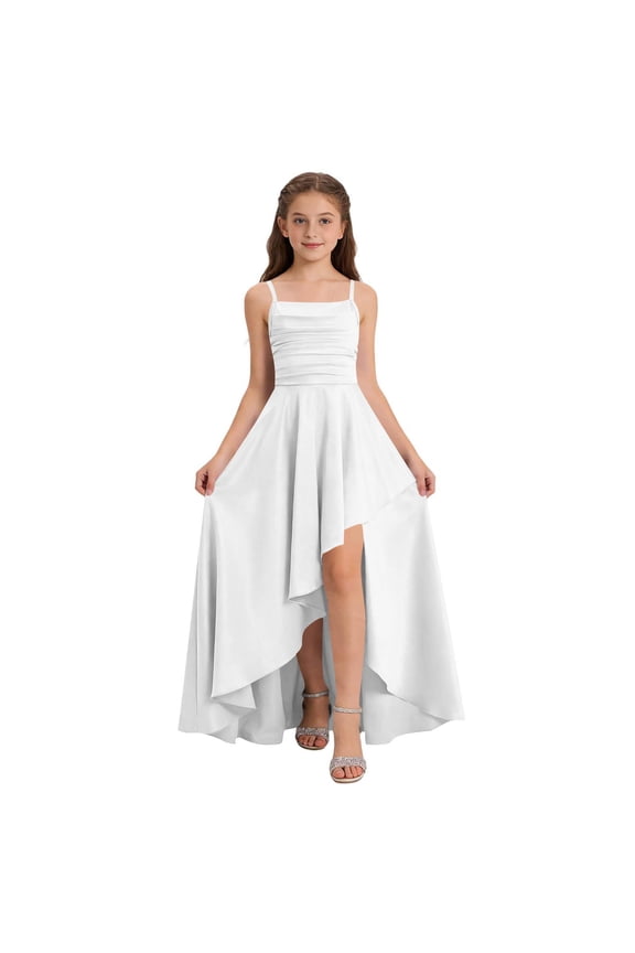 Girls Spring Summer Solid Sleeveless Square Neck Dress Spaghetti Strap Casual Long Party Gown for 5-14 Years