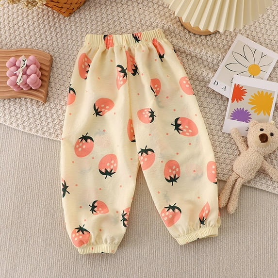 hengsof Girls' Strawberry Print Anti mosquito Jogging Pants, Elastic Waist Lantern Legs Breathable Loose Sports Pants, Suitable for Summer Sports, Sizes 6M-12 Years Old