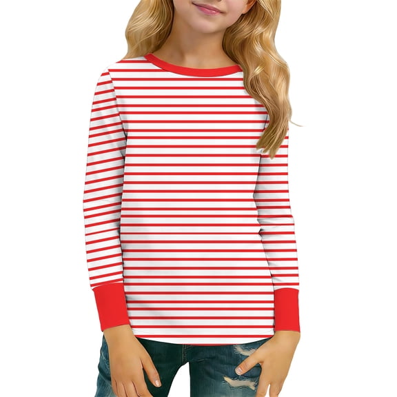hengsof Girls Striped Color Block Long Sleeve Shirt Children's Round Neck Top Spring Summer Fashion Curved Hem T-Shirt 5-16 Years Old