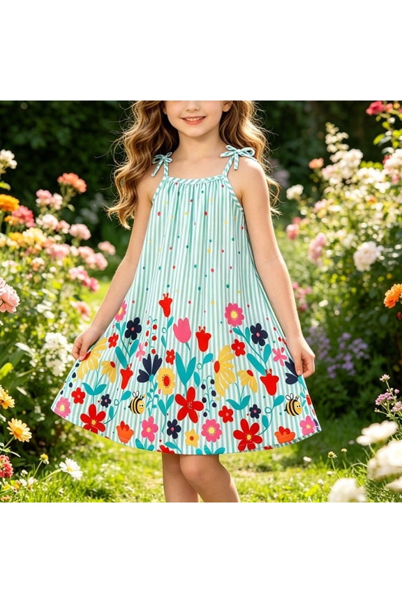 Girls' Summer Bow Tie Sundress, Fashionable Printed Sleeveless A Line Dress, Casual Everyday Dress, Ages 3-8