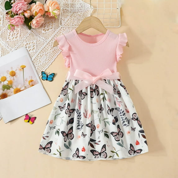 hengsof Girls Summer Butterfly Print Dress Fashionable Sleeveless Ruffle Dress Casual Dress Suitable for Holiday Parties Daily Wear Suitable for Girls 2-8 Years