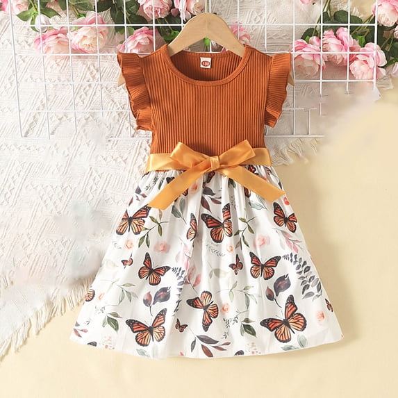 hengsof Girls Summer Butterfly Print Dress Fashionable Sleeveless Ruffle Dress Casual Dress Suitable for Holiday Parties Daily Wear Suitable for Girls 2-8 Years