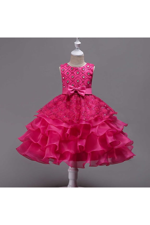 Girls Summer Embroidered Tulle Princess Dress Cute Bowknot Ruffled Layered Mesh Party Gown for 3-15 Years
