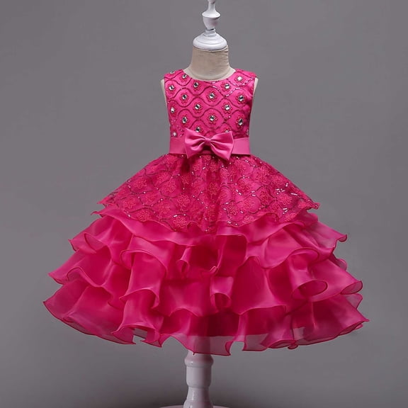 hengsof Girls Summer Embroidered Tulle Princess Dress Cute Bowknot Ruffled Layered Mesh Party Gown for 3-15 Years