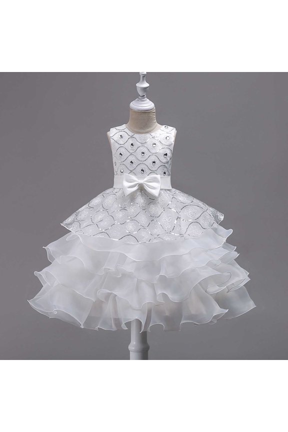 Girls Summer Embroidered Tulle Princess Dress Cute Bowknot Ruffled Layered Mesh Party Gown for 3-15 Years