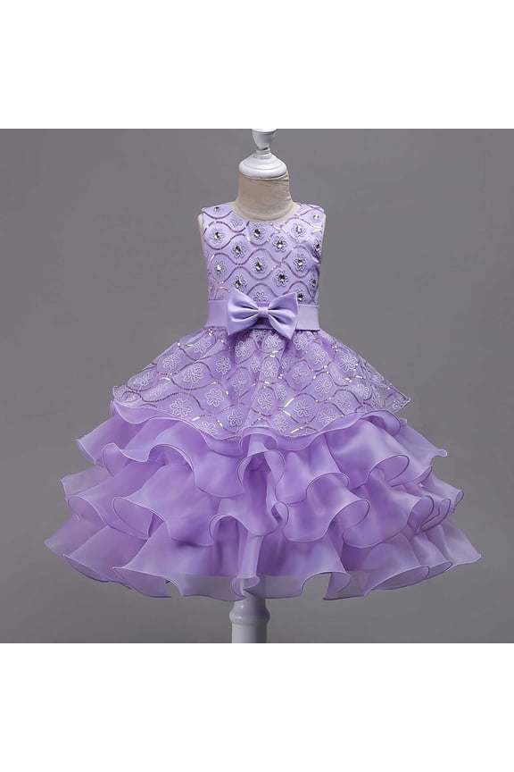 Girls Summer Embroidered Tulle Princess Dress Cute Bowknot Ruffled Layered Mesh Party Gown for 3-15 Years