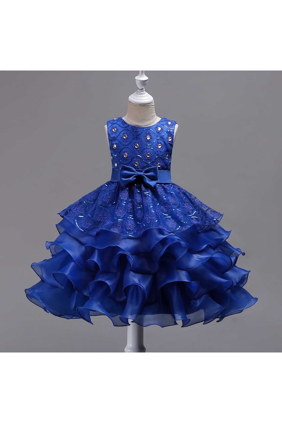 Girls Summer Embroidered Tulle Princess Dress Cute Bowknot Ruffled Layered Mesh Party Gown for 3-15 Years
