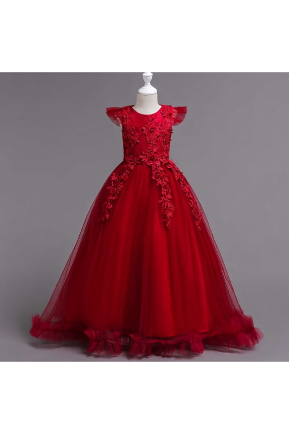 Girls Summer Embroidered Tulle Sleeveless Dress Round Neck Layered Mesh Party Princess Soft Wedding Ball Gown