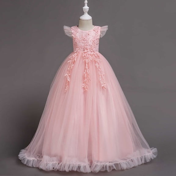 hengsof Girls Summer Embroidered Tulle Sleeveless Dress Round Neck Layered Mesh Party Princess Soft Wedding Ball Gown