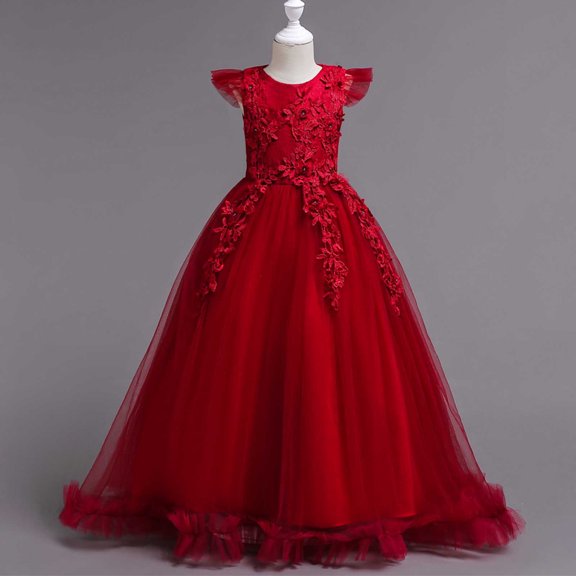 hengsof Girls Summer Embroidered Tulle Sleeveless Dress Round Neck Layered Mesh Party Princess Soft Wedding Ball Gown