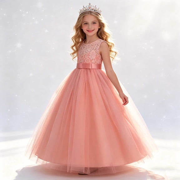 hengsof Girls' Summer Embroidered Tulle Sleeveless Round Neck Dress, Multi Layered Mesh Party Princess Dress, Fashion Bow Dress