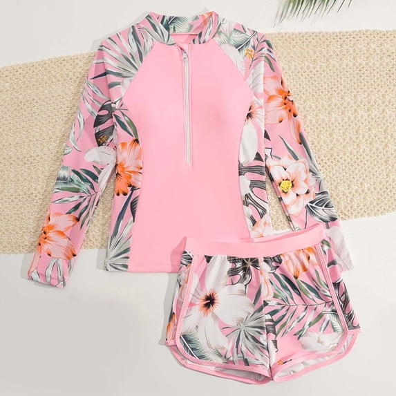 hengsof Girls Summer Fashion Printed Two Piece Swimsuit Set Long Sleeve Zip Up Rash Guard Elastic Waist Shorts Swimsuit with Built in Pads Surf Beach Vacation Swimsuit Set