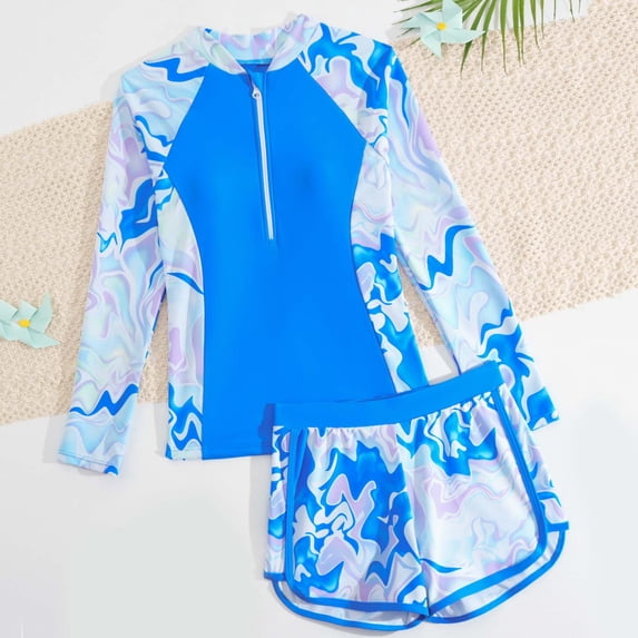 hengsof Girls Summer Fashion Printed Two Piece Swimsuit Set Long Sleeve Zip Up Rash Guard Elastic Waist Shorts Swimsuit with Built in Pads Surf Beach Vacation Swimsuit Set