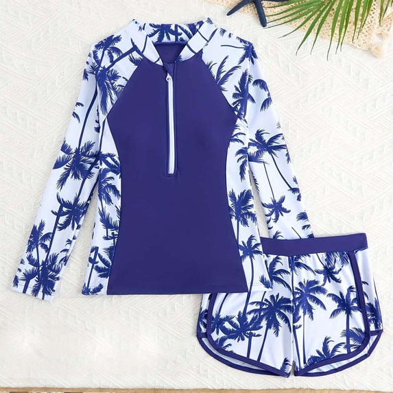 hengsof Girls Summer Fashion Printed Two Piece Swimsuit Set Long Sleeve Zip Up Rash Guard Elastic Waist Shorts Swimsuit with Built in Pads Surf Beach Vacation Swimsuit Set