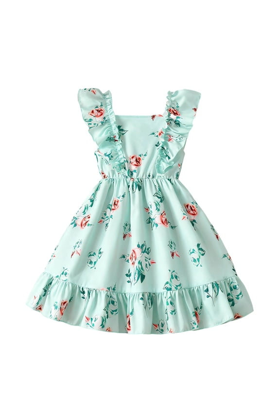 Girls' Summer Floral Print Dress, Mint Green Ruffled Sleeveless Sundress, Stylish Elastic Waist Knee Length Dress, Casual Party Dress Suitable for Children Aged 3-10