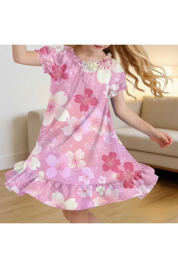 Girls Summer Floral Puff Sleeve Dress Round Neck Ruffled Hem Soft Casual Sleep Home Sundress for 4-15 Years