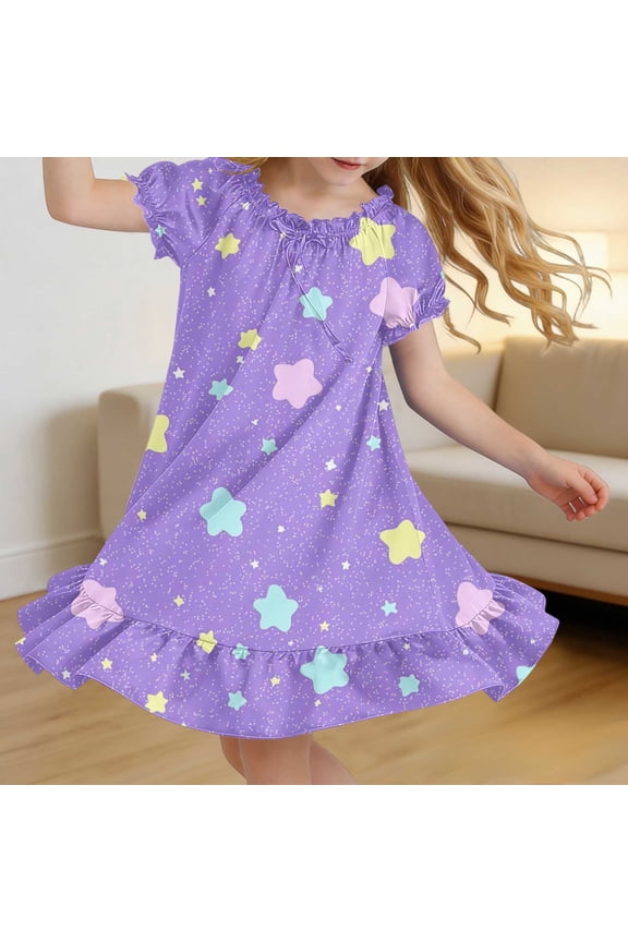Girls Summer Floral Puff Sleeve Dress Round Neck Ruffled Hem Soft Casual Sleep Home Sundress for 4-15 Years