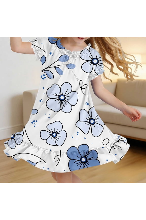 Girls Summer Floral Puff Sleeve Dress Round Neck Ruffled Hem Soft Casual Sleep Home Sundress for 4-15 Years