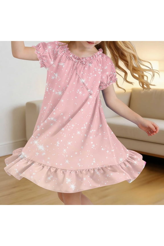Girls Summer Floral Puff Sleeve Dress Round Neck Ruffled Hem Soft Casual Sleep Home Sundress for 4-15 Years