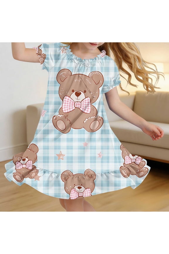Girls Summer Floral Puff Sleeve Dress Round Neck Ruffled Hem Soft Casual Sleep Home Sundress for 4-15 Years