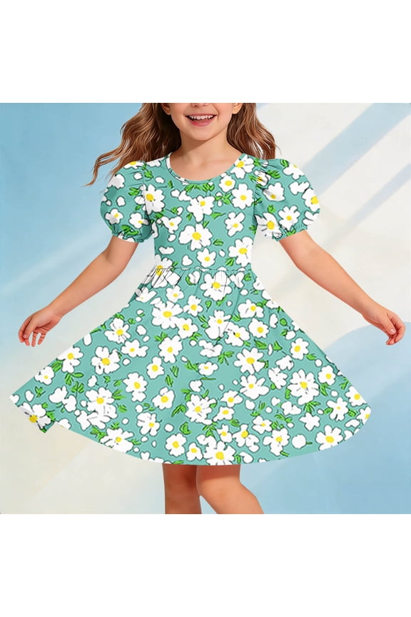 Girls Summer Floral Short Sleeve Dress Round Neck Crisscross Back Tie Soft Casual Daily Sundress for 5-15 Years