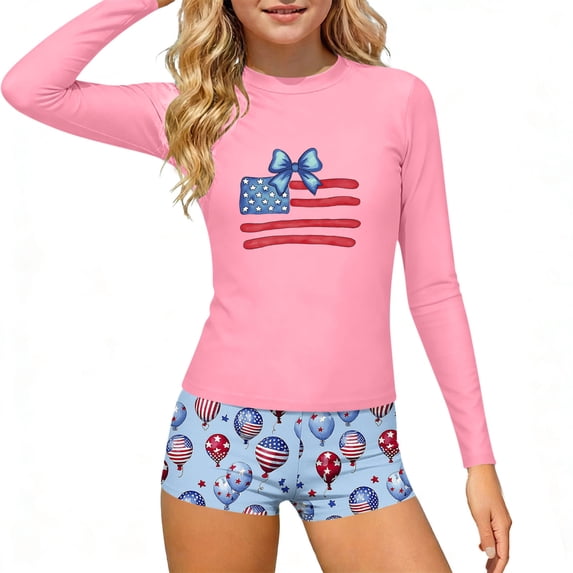 hengsof Girls' Summer Independence Day Printed Beach Vacation Swimsuit Two Piece Long Sleeve Round Neck Top Shorts Swimsuit Casual Beach Surfing Swimsuit