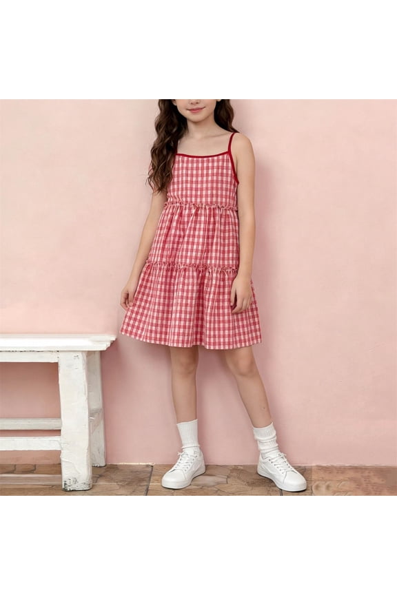 Girls Summer Plaid Sleeveless Dress, Fashion Spaghetti Strap Casual Dress, Daily Versatile Short Dress for 1-13 Years Old Children