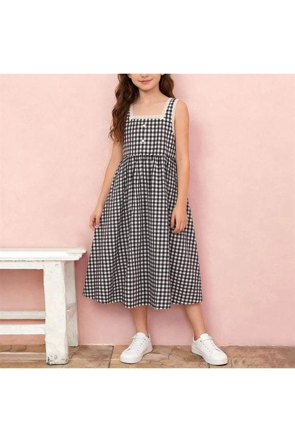 Girls Summer Plaid Sleeveless Dress Square Neck with Buttons Soft Cute Casual Long Sundress for 2-12 Years
