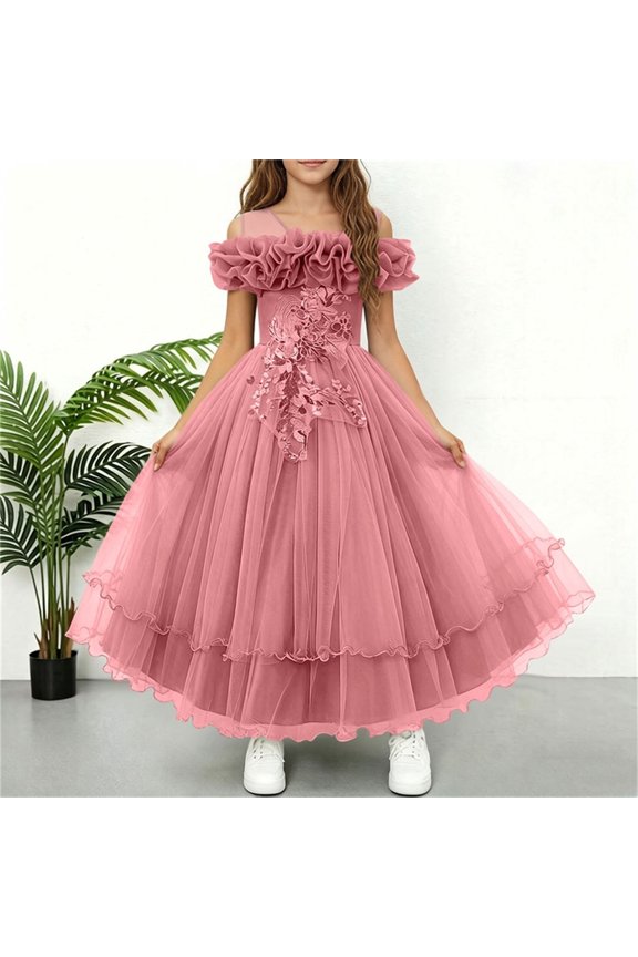 Girls Summer Sequin Flower Tulle Princess Dress Mesh Layered Party Stage Performance Ball Gown for 7-13 Years